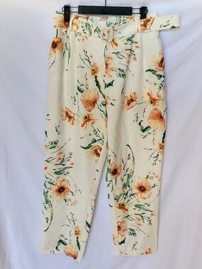 Floral Tie-Waist Paperbag Pants - Cream/Orange